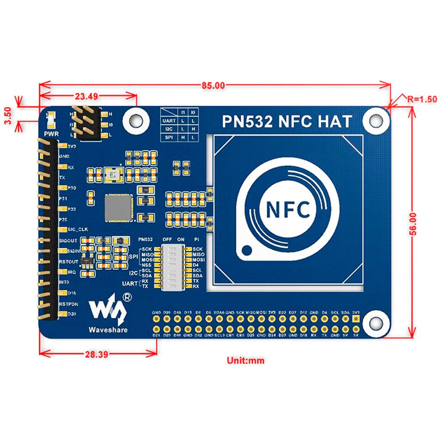 Плата Waveshare PN532 NFC для Raspberry Pi I2C, SPI и UART