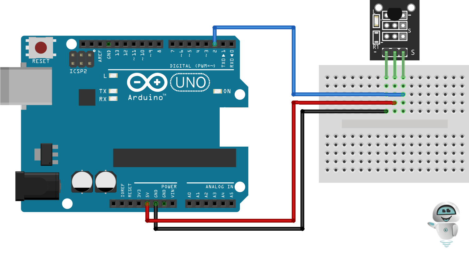 Схема подключения модуля датчика температуры LM35 от RobotDyn к плате Arduino